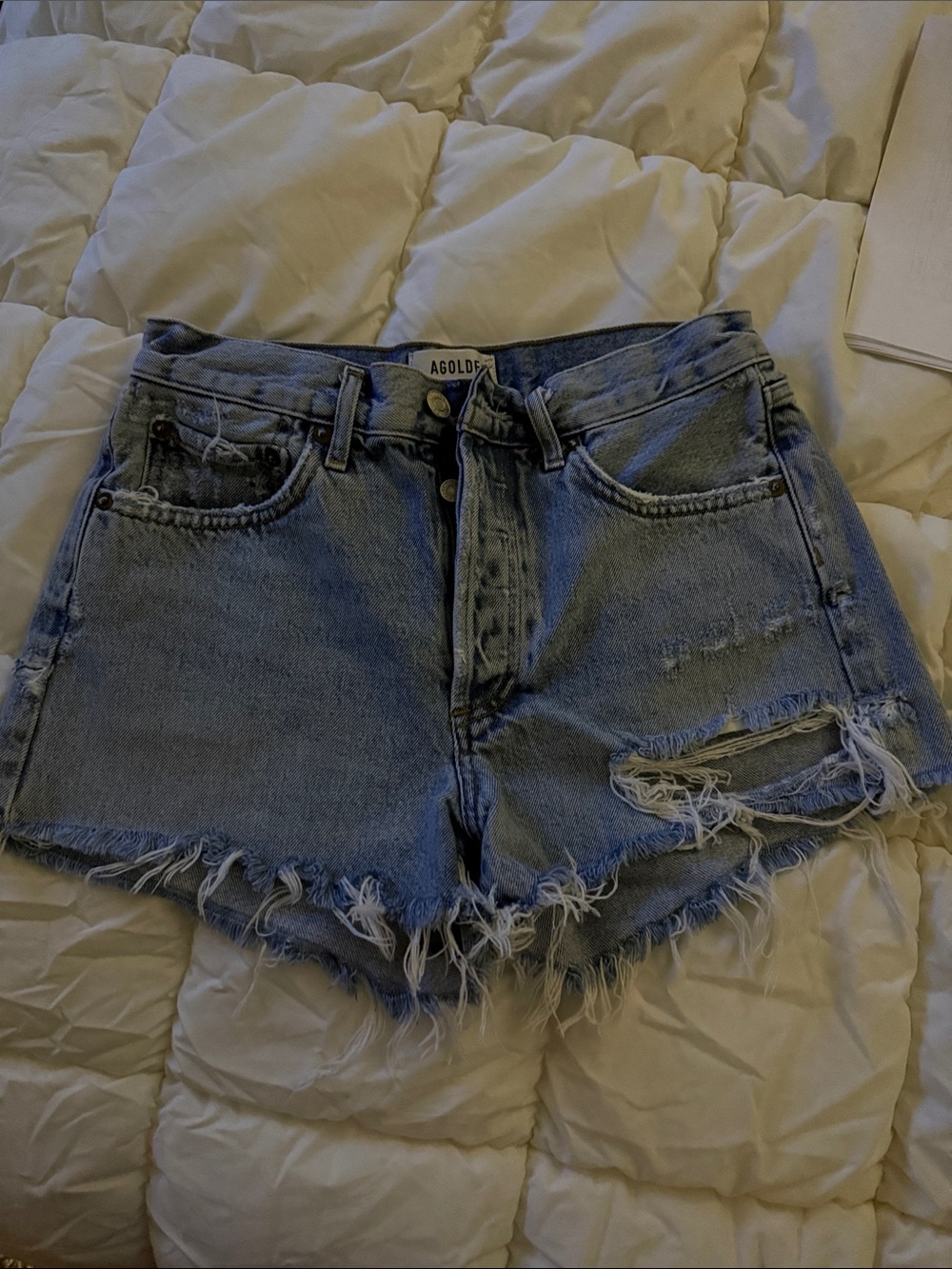 Agolde Distressed Light Blue Denim Cutoff Parker Shorts